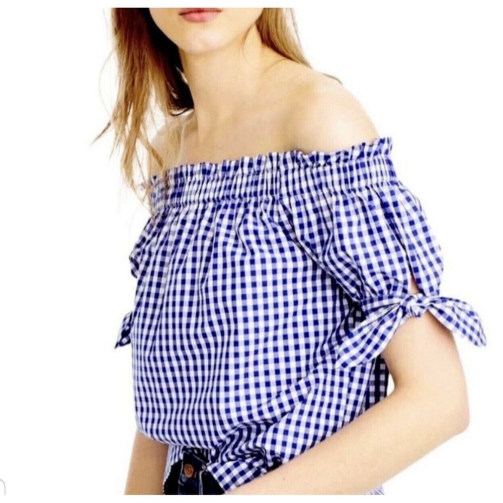 J Crew Womens Top Blouse Size 4 Blue White Gingham Off The Shoulder C2